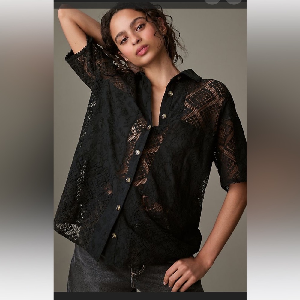 FARM Rio Elegant Black Lace Button-Down Shirt